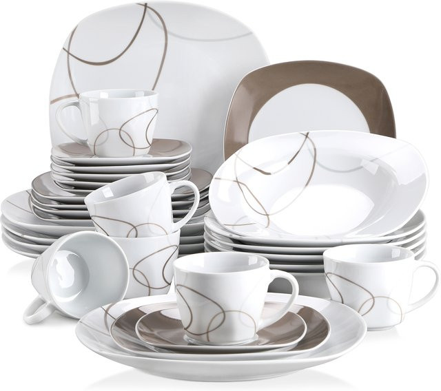 Malacasa 30-teiliges Teller-Set aus Porzellan-Keramik in Weiß mit Desserttellern, Suppentellern, Esstellern, Tassen und Untertassen - Bild 1