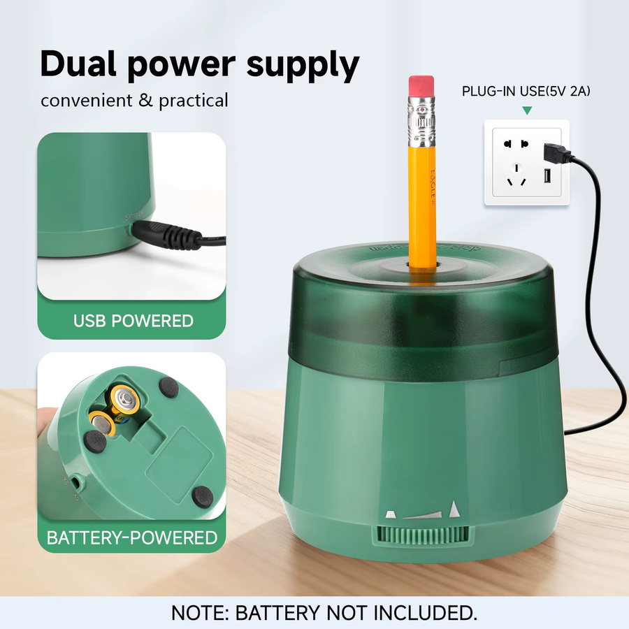 EAGLE Elektrischer Handheld-Bleistiftspitzer USB und Batteriebetrieben, Schnellschärfer für 6-8mm Bleistifte mit 2 Spitzenoptionen, Weiß-Grün - Bild 3