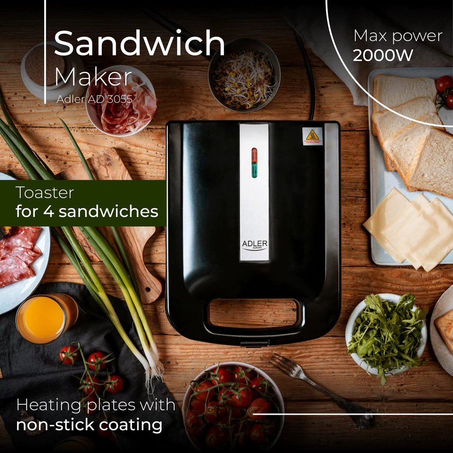 Adler Toaster AD 3055 XXL in Schwarz mit 2000 W Leistung, Antihaftbeschichtung und Platz für 4 Sandwiches - Bild 4