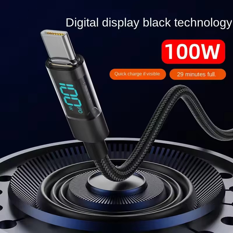 Lann USB-C auf USB-C Schnellladekabel mit Digital-Display und 100W Leistung, Nylon-Geflecht, Schwarz - Bild 2