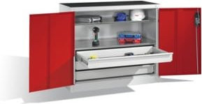 C+P Werkzeug-Beistellschrank mit Drehtüren, 2 Böden und 3 Schübe, Korpus Lichtgrau, Front Enzianblau, H: 100 cm, B: 120 cm, T: 50 cm - Bild 1