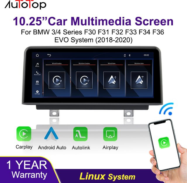 AUTOTOP 10,25 Zoll Linux Wireless Carplay und Android Auto Touchscreen für BMW 3er/4er Reihe F30 F31 F32 F33 F34 F36 G20 in Schwarz - Bild 1