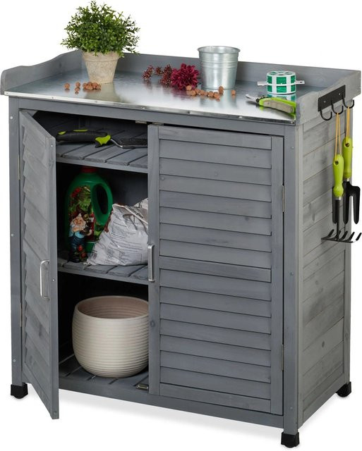 Relaxdays Pflanztisch aus Tannenholz in Grau mit Unterschrank, B/T/H: 90 x 45 x 92 cm - Bild 1