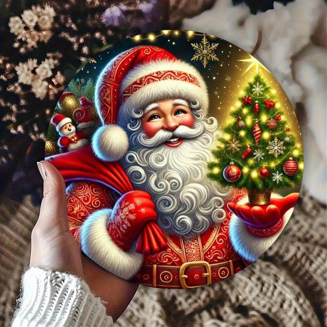 Potdemiel Rundes Metallblechschild Weihnachten mit Weihnachtsmann, Baum und Schneeflocke im amerikanischen Stil aus Aluminium, Durchmesser: 20 cm - Bild 1