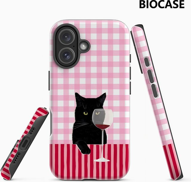 Potdemiel Handyhülle mit Wein- und Katzen-Design für iPhone 17 16 15 14 13 Pro Max Plus in Pink, robuste Magnet-Schutzhülle mit Einzel- und Doppelschicht-Schutz - Bild 1