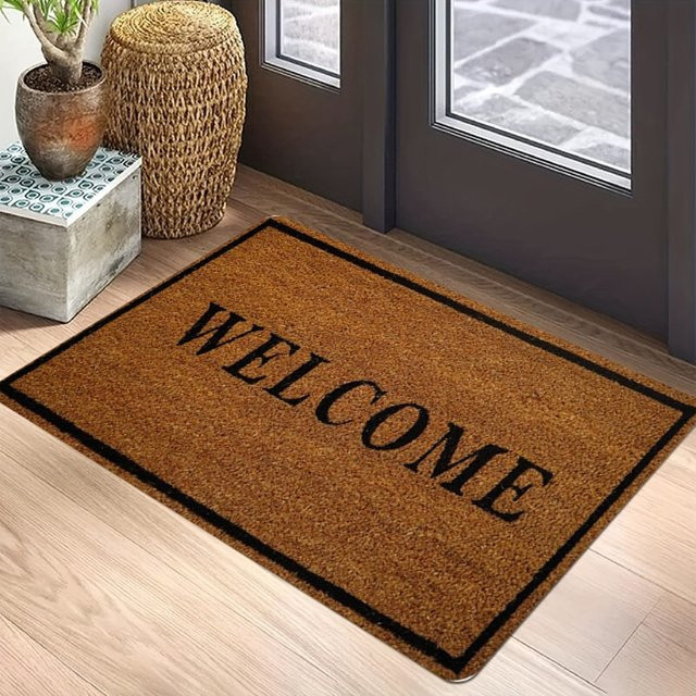 Hello Black Teppichmatte Braun mit handgeschriebenem Design und rutschfester Gummiunterseite für Eingangsbereich, Flur und Haustür - Bild 1