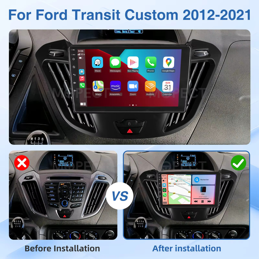 MOPECT Android 15 Autoradio für Ford Transit Custom 2012-2021 mit 9 Zoll Touchscreen, 4+128GB Speicher, kabellosem CarPlay, GPS, Bluetooth, DAB und AHD Rückfahrkamera, Schwarz - Bild 2