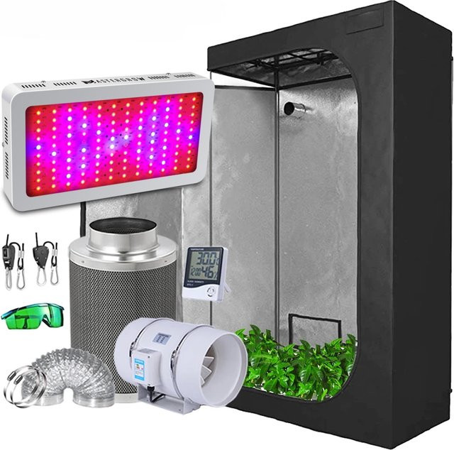 MTPAKE Grow Tent Kit Komplettsystem mit Vollspektrum Dual-Chip LED Pflanzenlampe und hochreflektierendem Mylar in Schwarz - Bild 1