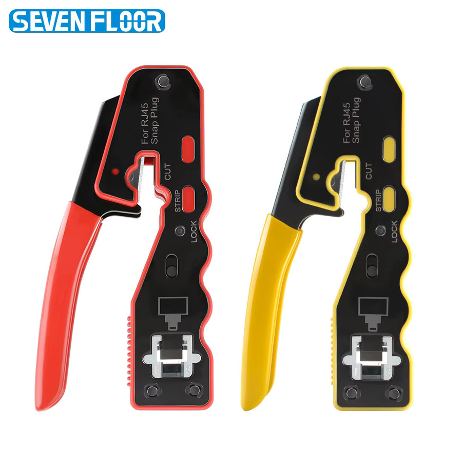 Seven Floor Cat6 Pass-Through RJ45 Crimpzange in Rot mit Abisolier- und Schneidefunktion sowie austauschbaren Klingen als multifunktionales Ethernet-Kabelwerkzeug - Bild 2