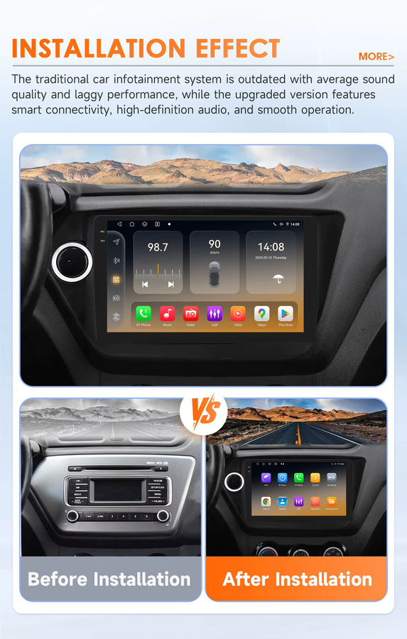 Hizpo Android 14 Autoradio für Kia RIO 3 mit CarPlay, GPS-Navigation, Multimedia-Player und 360-Grad-Kamera in Schwarz - Bild 2