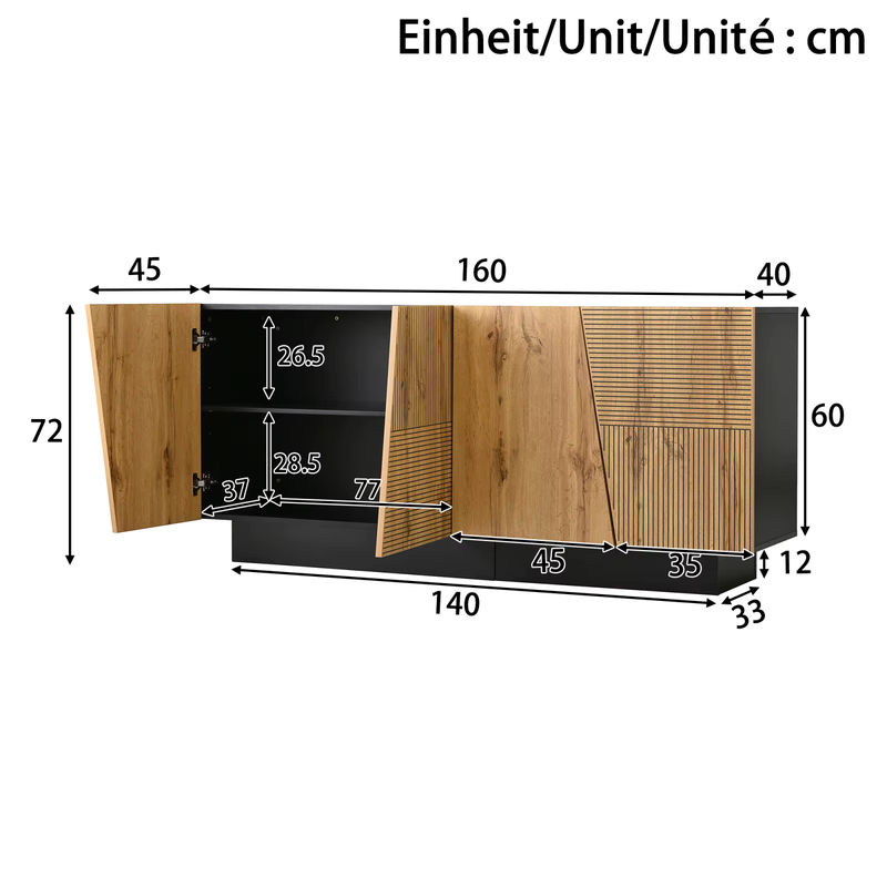 Anajqaqia Sideboard Aufbewahrungsschrank mit geometrischem Design und verstellbarem Regal, Schwarz-Braun, Breite: 160 cm - Bild 5