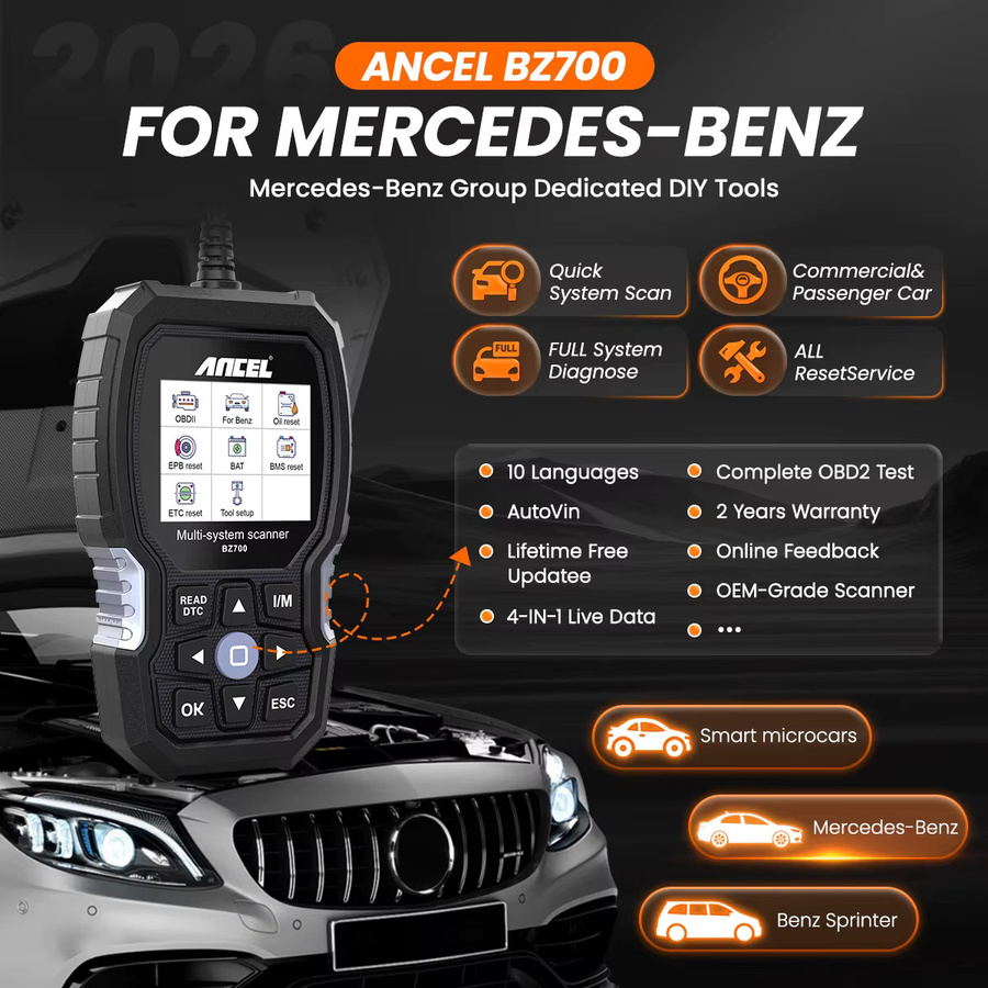 ANCEL BZ700 OBD2-Scanner für Mercedes Benz, Kfz-Diagnosegerät mit Reset-Services und Batterieregistrierung, Schwarz - Bild 2