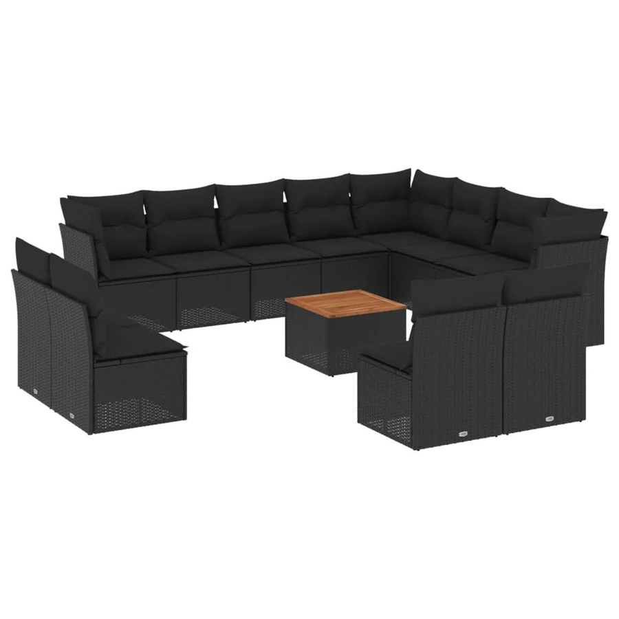 vidaXL 13-tlg. Garten-Sofagarnitur in U-Form aus schwarzem PE-Rattan mit Kissen und Akazienholz-Tisch - Bild 2