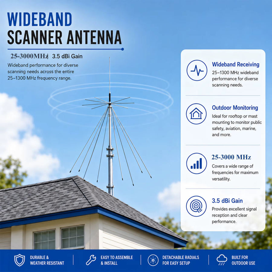 Diamond D3000N Breitband-UWB-Discone-Antenne in Silber, 25-3000MHz, kompatibel mit VHF, UHF und SDR, Anschluss PL259 und SO239-k - Bild 2