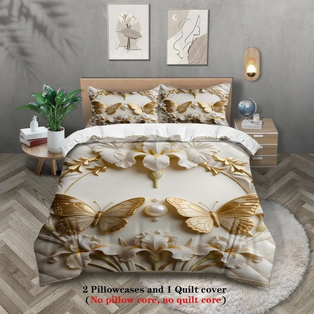 Elegantes gestepptes Bettwäsche-Set aus Mikrofaser in Weiß und Gold mit Schmetterlings- und Blumenmuster, bestehend aus Bettbezug und Kissenbezügen, B/H: 200 x 200 cm - Bild 1