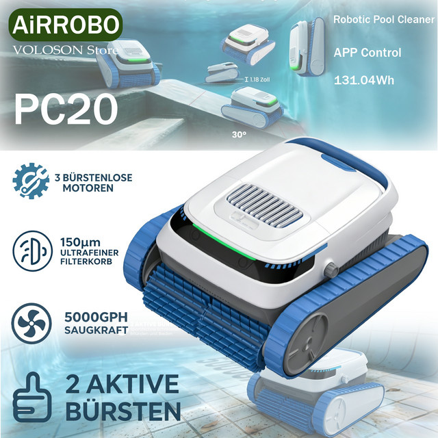 AiRROBO PC20 Kabelloser Poolreinigungsroboter mit App- und Bluetooth-Steuerung, intelligente Navigation, Wandkletterfunktion und 3 Reinigungsmodi, Farbe: Weiß/Beige - Bild 1