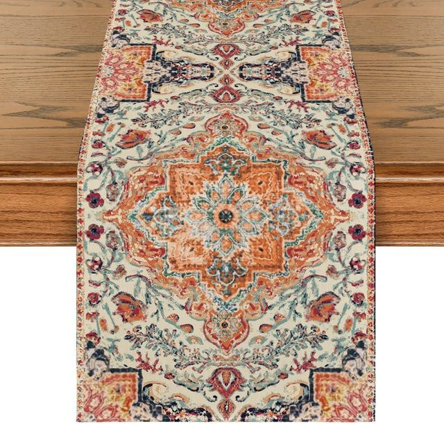 VIKAMA Tischläufer mit floralem Muster in Beige, wasserabweisend und pflegeleicht, B/H: 33 x 230 cm - Bild 1