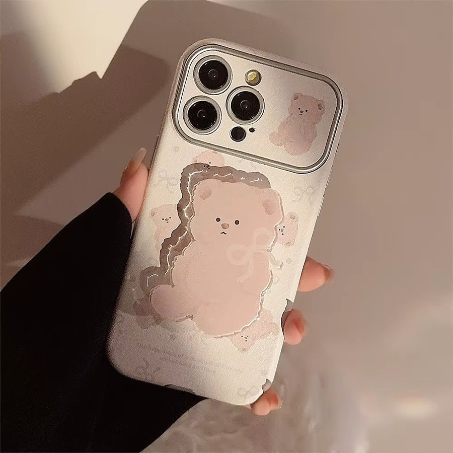 MUQGEW Handyhülle mit Cartoon-Bär und großem Fenster in Pink für iPhone 11 bis iPhone 16 Pro Max mit Lederstruktur und Objektiv-Schutz - Bild 3
