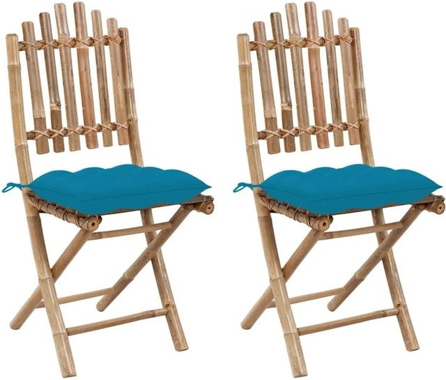 Furnicato 2er Set Klappbare Gartenstühle aus Bambus mit hellblauen Kissen B/T/H: 50 x 42 x 92 cm - Bild 1