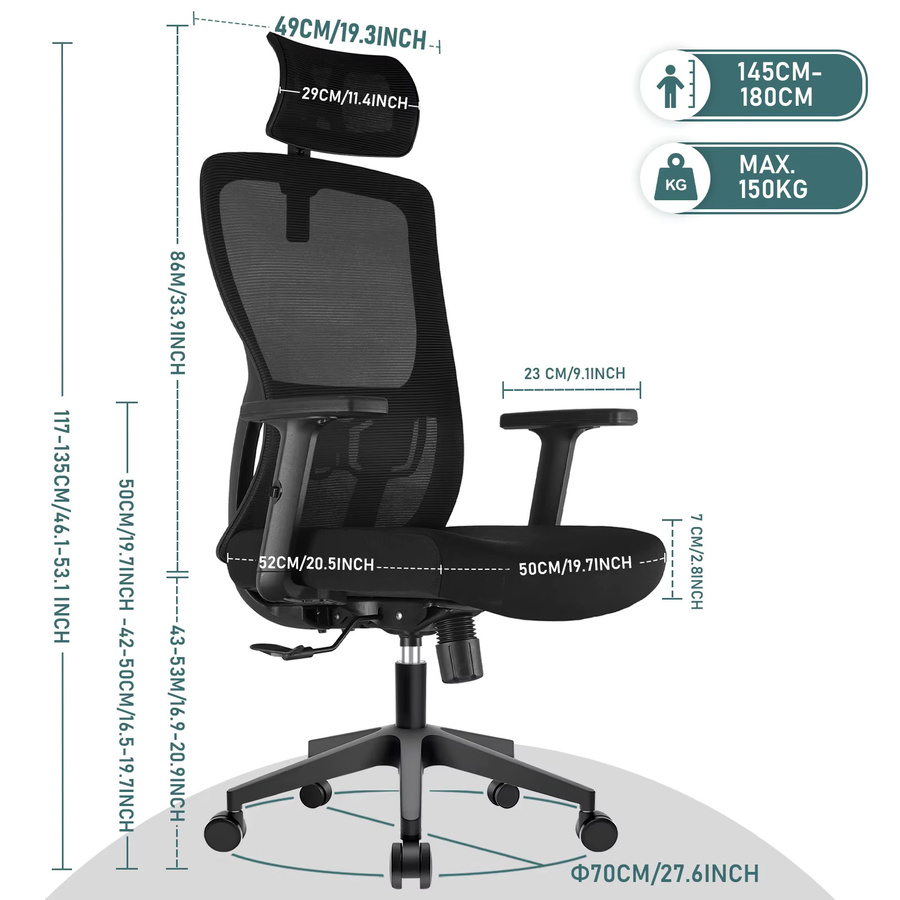 Durrafy Ergonomischer Bürostuhl in Schwarz mit verstellbarer Kopfstütze, Armlehnen und Lendenwirbelstütze - Bild 5