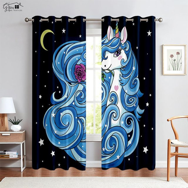Dekorative Einhorn und Sterne Vorhänge für Kinderzimmer in Blau, 2er-Set, B: 50 cm, H: 130 cm - Bild 1
