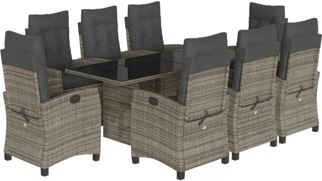 vidaXL 9-teilige Garten-Essgruppe aus Poly-Rattan in Grau mit Kissen und Hartglas-Tischplatte - Bild 1
