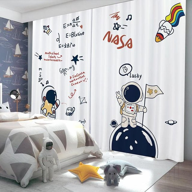 Yiran Furniture Verdunkelungsvorhang mit Weltraum-Motiv Astronaut und Rakete, Farbe: Weiß, B 85 cm x H 200 cm, 2er-Set inklusive Haken - Bild 1