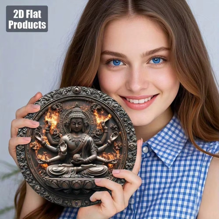 CIFBUY Vintage Tausendhändiger Buddha Aluminium-Schild, Runde Wanddekoration im Zen-Stil, Durchmesser: 20,32 cm - Bild 3