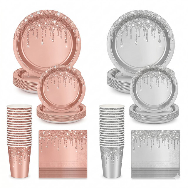 Luxuriöses Einweg-Papiergeschirr-Set in Roségold mit Glitzer-Effekt inklusive Tassen und Servietten für Hochzeiten und Geburtstage - Bild 1