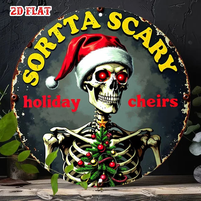 Potdemiel Metall-Wanddekoration Horror-Weihnachtsmann-Skelett in Rot, Retro-Gothic Wandschild für Halloween und Weihnachten - Bild 1