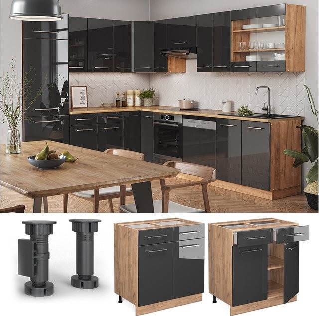 Vicco Küchenunterschrank Fame-Line in Anthrazit und Eiche Hochglanz mit Schubladen und Breite: 80 cm - Bild 1