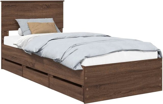 vidaXL Bettrahmen aus Holzwerkstoff in Eiche Braun mit Schubladen im minimalistischen Design B/T/H: 90 x 190 cm - Bild 1