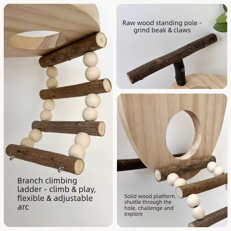 HATELI Papageienspielzeug aus Holz in Braun mit T-förmigem Vogelständer, Schleifstab, Leiter und Plattform zur Nahrungssuche - Bild 3