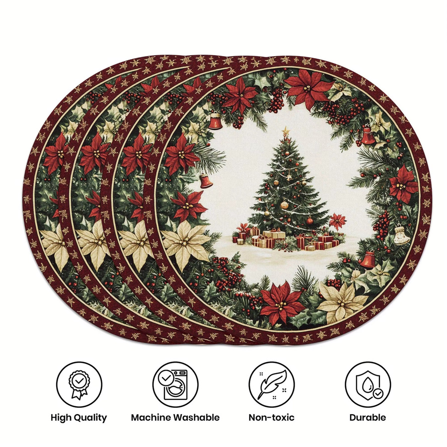 VIKAMA 4er-Set Weihnachts-Tischsets mit Weihnachtsmann-Motiv, Glocken und Stechpalmenblättern in Mehrfarbig - Bild 5