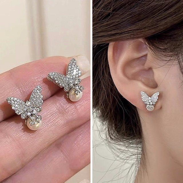 Huitan Ohrstecker Schmetterling, Silber, Perle, Zirkonia, Damen - Bild 1
