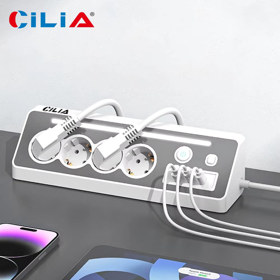 CILIA 4-fach Steckdosenleiste mit Schuko, 2x Typ-C und 1x USB, Überspannungsschutz, LED-Anzeige und Ein/Aus-Schalter, 3680W 16A, 1,5m Kabel, in Schwarz oder Weiß - Bild 2