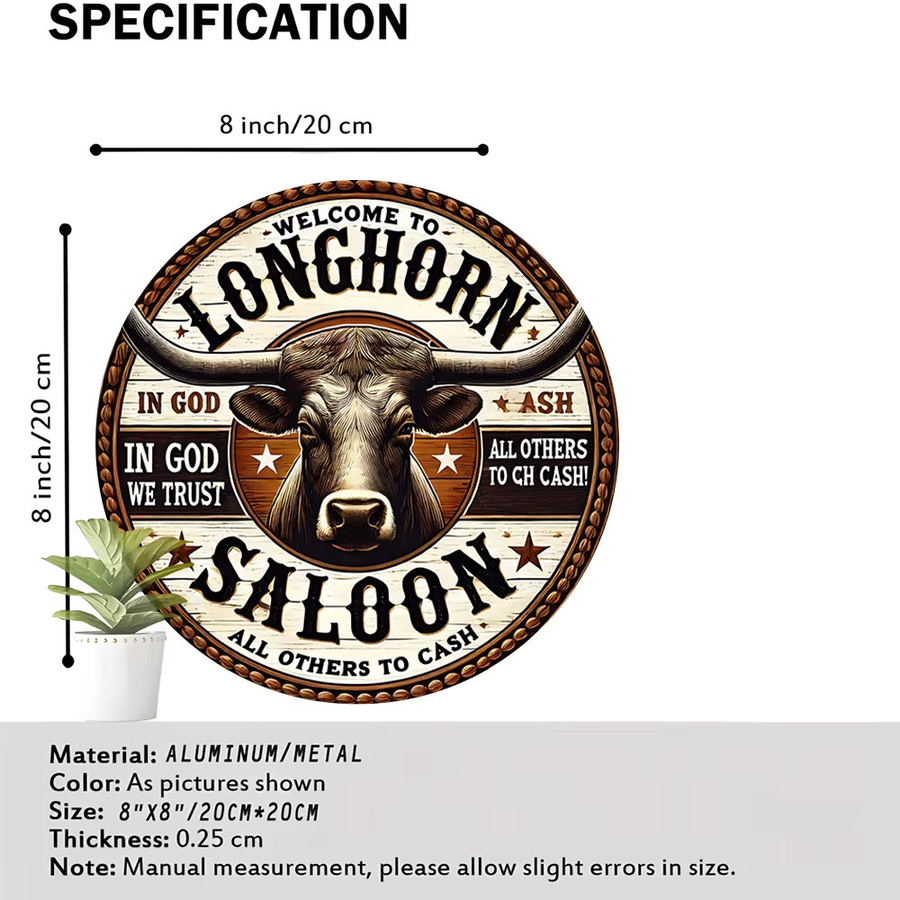 Potdemiel Vintage Metall-Wandblechschild Longhorn Bar Cowboy Spirit Art, rundes Western-Dekor, Mehrfarbig, Durchmesser: 20,32 cm - Bild 4