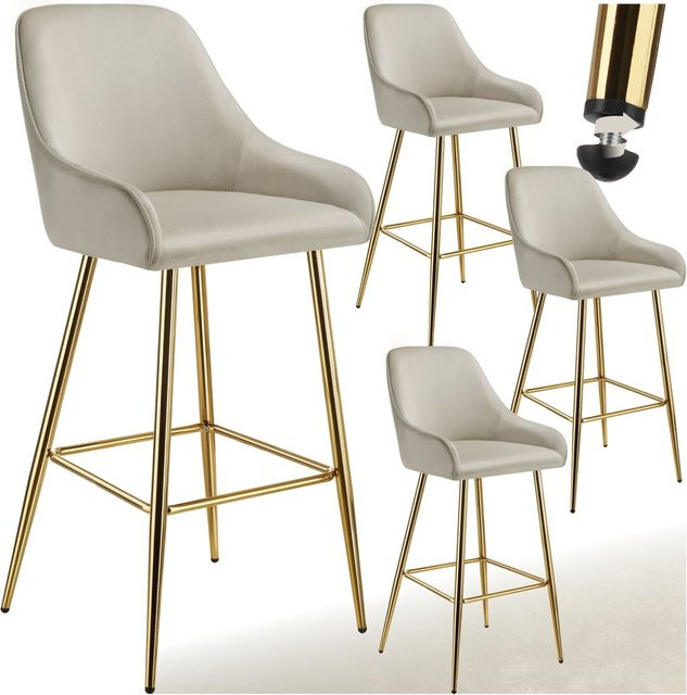 tectake Barstuhl Avane Set 4er, Samtoptik in Beige Gold, gepolstert mit Rückenlehne und Fußstütze, B/T/H: 48,5 x 57 x 108 cm - Bild 1