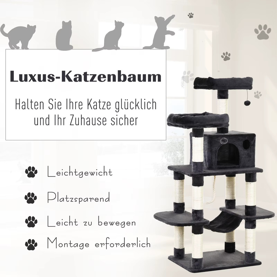 PawHut Katzenbaum Dunkelgrau mit Katzenhaus, Hängematte, Sisalsäulen und Spielzeug, H x B x T: 144 x 60 x 48 cm - Bild 4