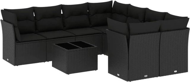 vidaXL 9-tlg Garten-Sofagarnitur in L-Form aus Polyrattan mit Kissen und Tisch, Schwarz - Bild 1