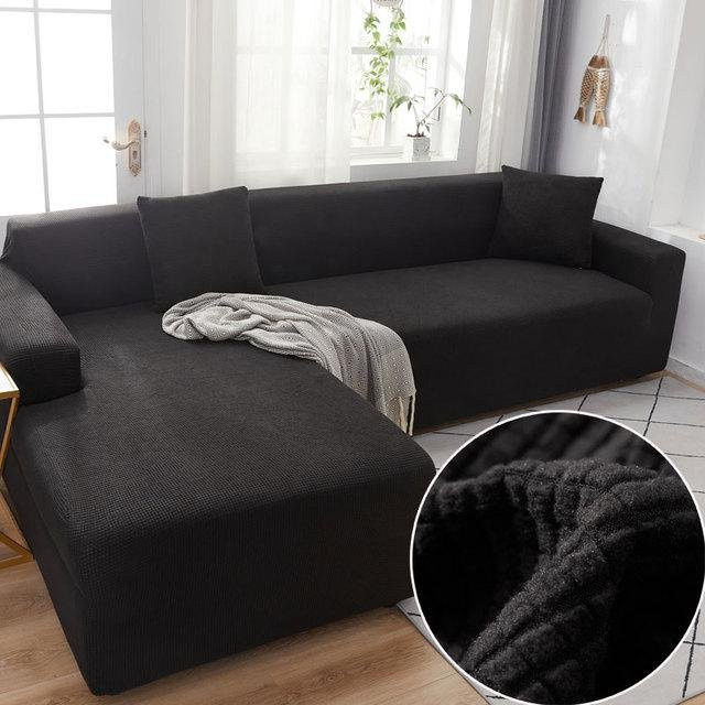 Yiran Furniture Elastische Sofa Abdeckung aus Plüsch-Stoff für Ecksofas, 2er-Set, Schwarz, Breite: 90-140 cm - Bild 1