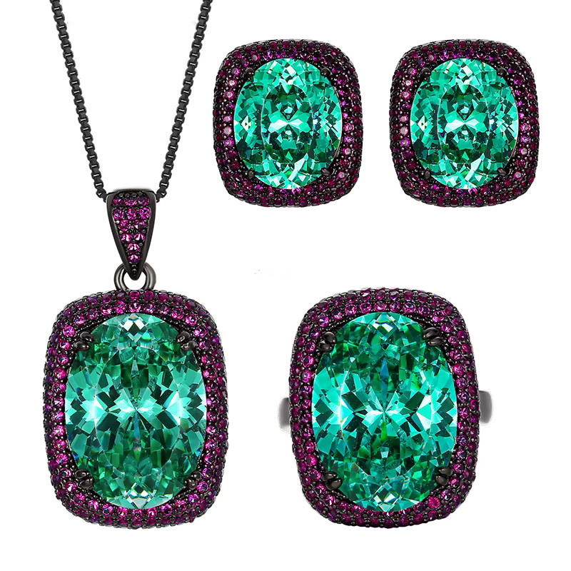 LJDZSW Schmuck-Set, smaragdgrüner ovaler Edelstein, rosa Zirkonia, Damen, Vintage - Bild 2