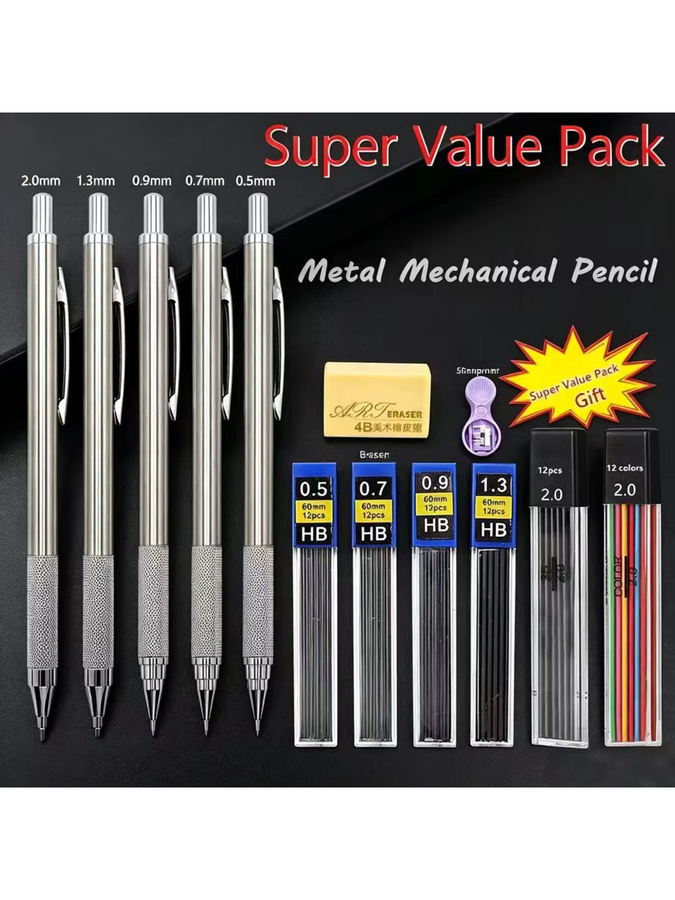 Hopk Vollmetall Druckbleistift-Set in Silber mit HB Graphitminen für Profis zum Zeichnen und Skizzieren - Bild 4