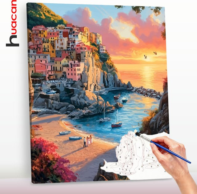 Huacan Malen nach Zahlen Sonnenuntergang am Meer Stadt Landschaftsbild als digitales Ölgemälde auf Leinwand in Mehrfarbig - Bild 1