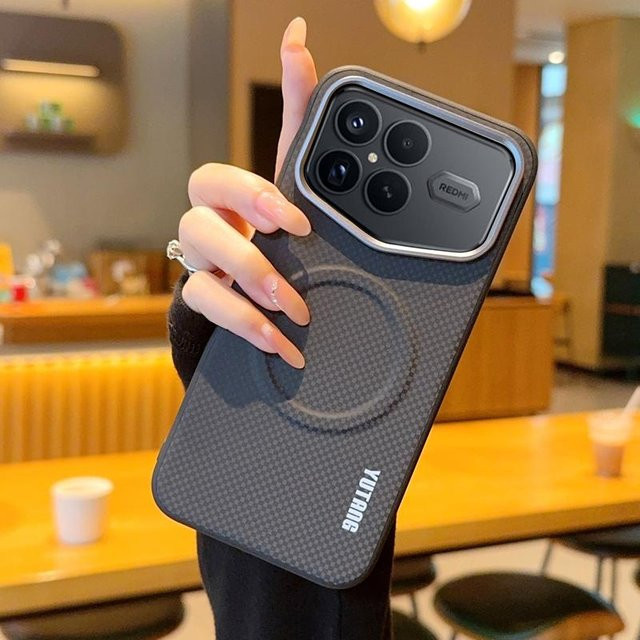 Magnetische Schutzhülle für Xiaomi POCO F8 Ultra und POCO F8 Pro aus PU-Leder mit Carbonfaser-Textur und Metallknopf in Schwarz - Bild 1