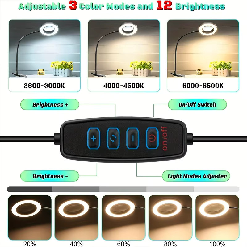 DUNDUN LED Vergrößerungsglas mit 3 Farbmodi und flexibler Schwanenhals-Lupe, Schwarz, Schreibtischlampe mit Metallklemme für Nagelkunst und zum Lesen - Bild 4