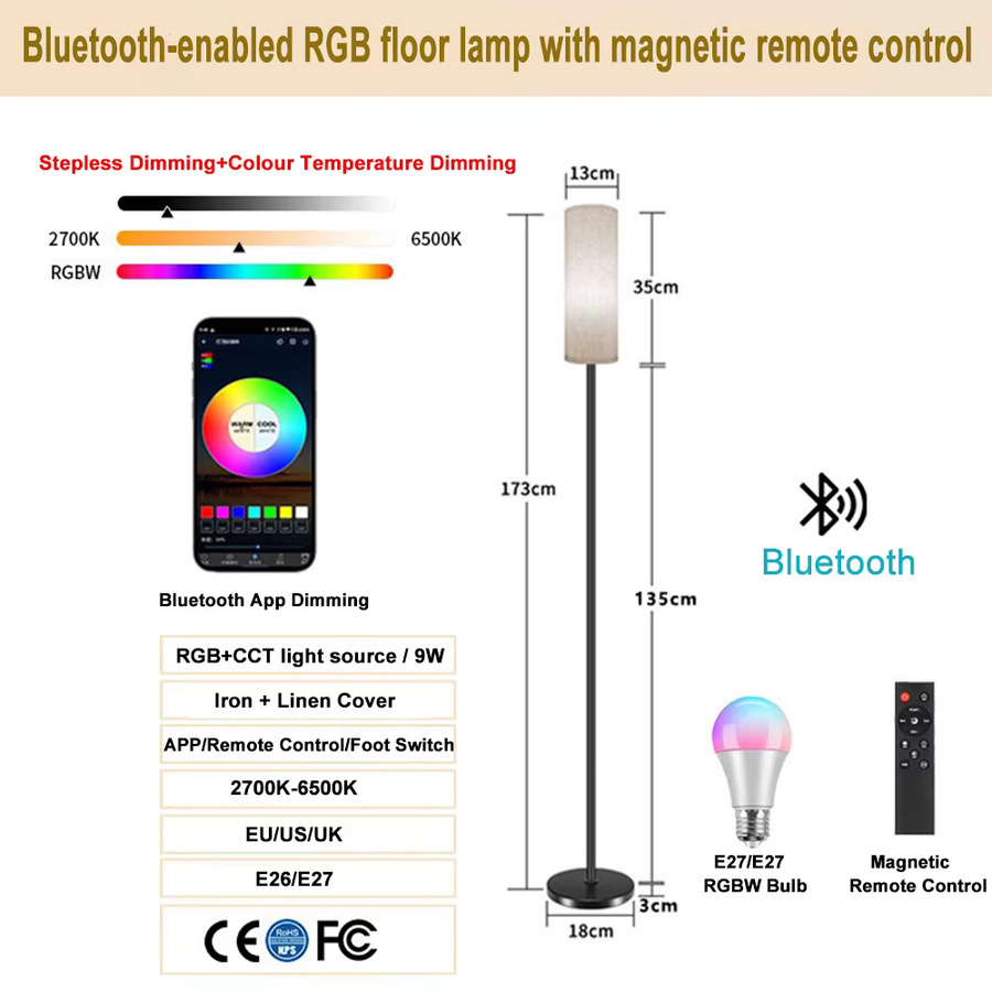 Moderne RGBW LED Stehlampe in Schwarz mit Bluetooth App-Steuerung und Musik-Synchronisation, 12W dimmbar mit Stoffschirm für Schlafzimmer und Büro - Bild 5