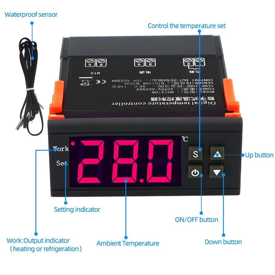 Digitaler Temperaturregler MH1210W von JUANJUAN in Schwarz mit Sensor für DC12V 24V und AC110-220V Messbereich -50 bis 110 °C - Bild 2