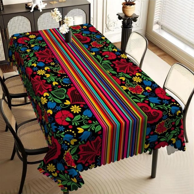 JINGYUE Pet Tischdecke mit mexikanischem Blumenmuster in Rot und Multicolour, rechteckig, schmutzabweisend, B: 90 cm, L: 140 cm - Bild 1
