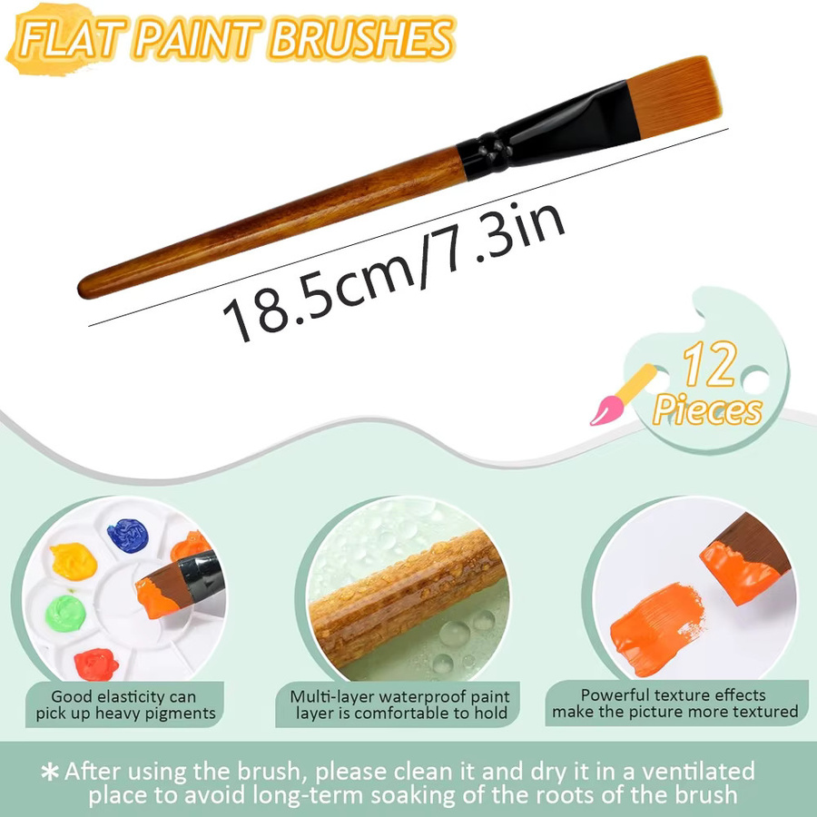 12 Stück flache Bastelpinsel aus synthetischem Nylon mit Holzgriff in Braun und Multicolour für Öl- und Acrylmalerei - Bild 2